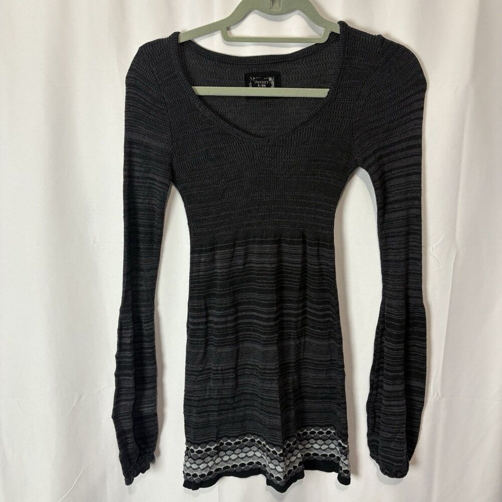 Decree Y2K Gray Black Babydoll Tunic Top Long Sleeve Sz Sm Fairy Grunge Coquette